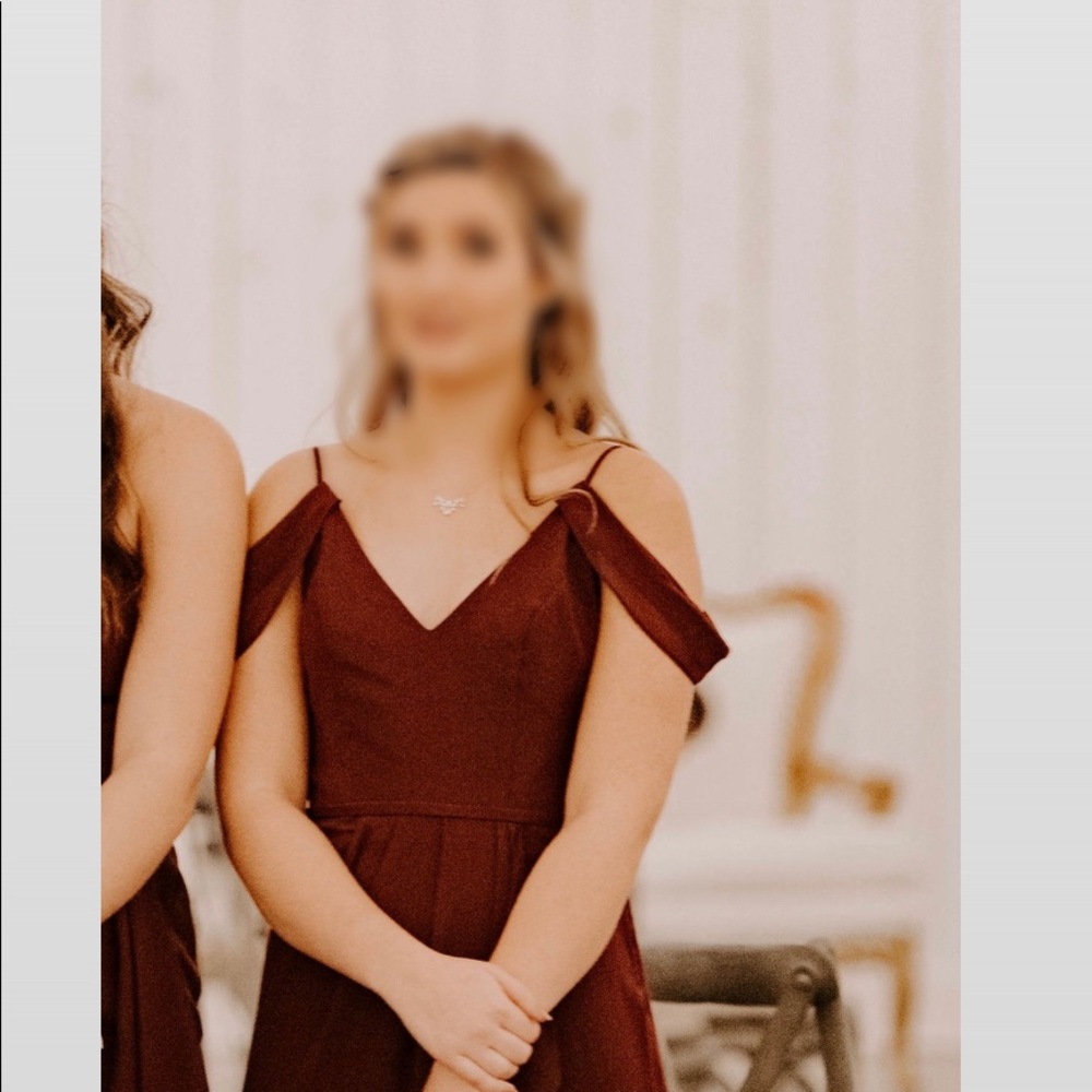 Burgundy David’s bridal bridesmaids dress
